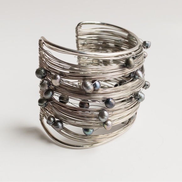 Wide Wire Wrapped Bangle Cuff Bracelet With Black Peacock Freshwater Pearls NWT - Picture 6 of 14